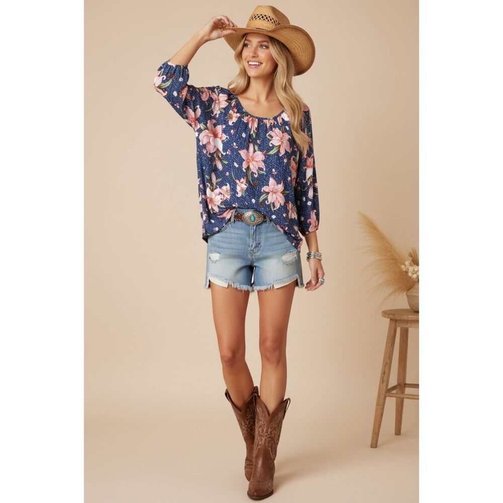 Rebecca Malone Relaxed Pink Lilly Peasant Blouse Top